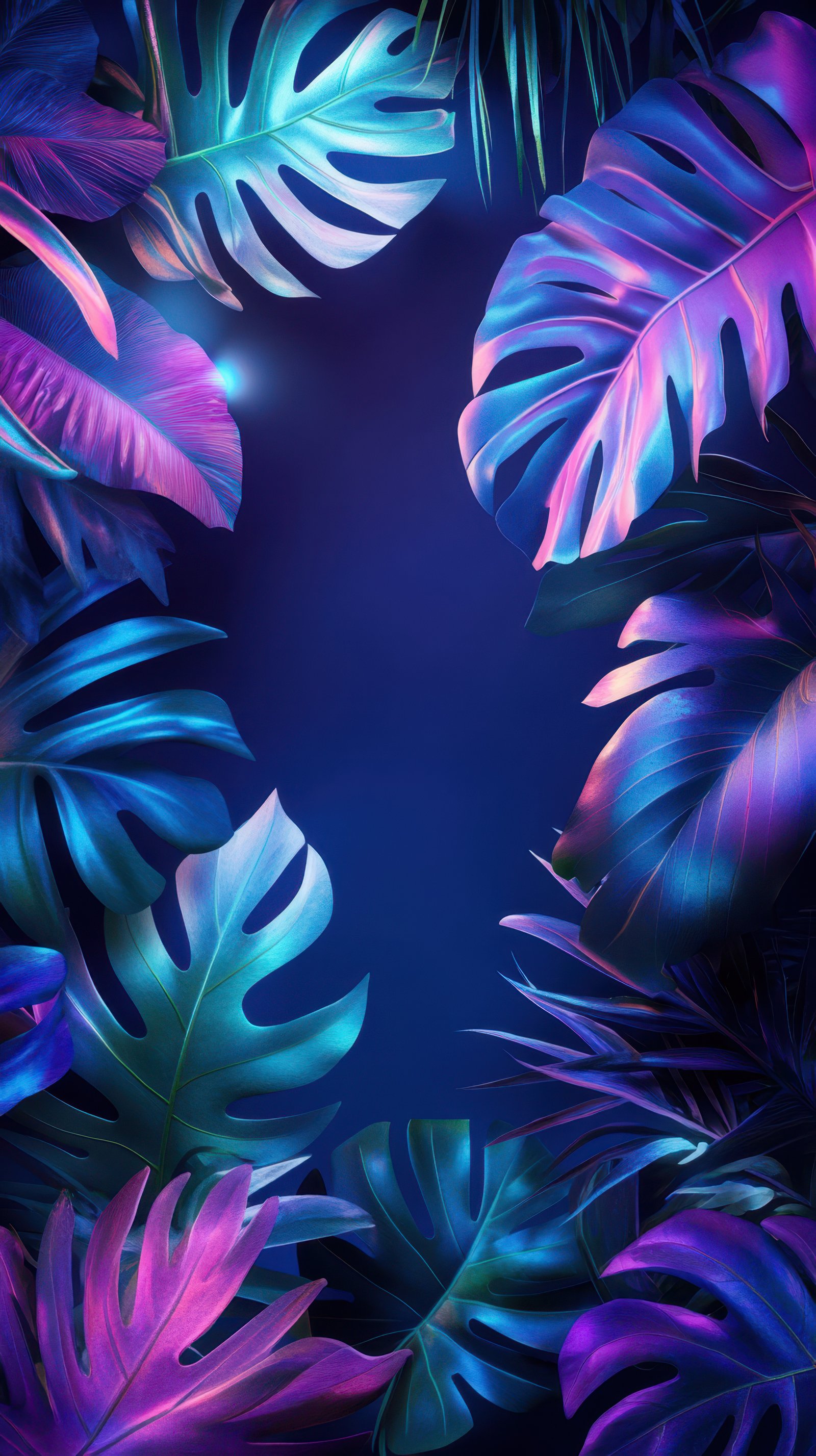 Vibrant tropical leaves illuminated by soft lighting create an enchanting atmosphere in this lush natural setting